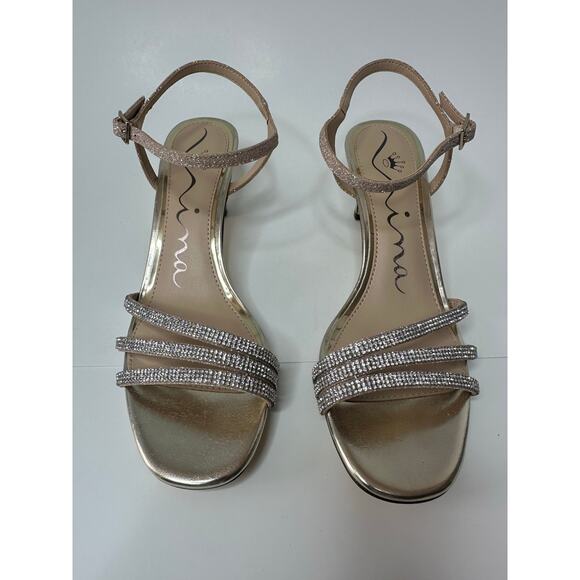 NiNA GOLD METALLIC CRYSTAL STRAPS MID-HEEL SANDALS ANKLE-STRAPS NUDE SIZE 8.5 - Picture 2 of 8